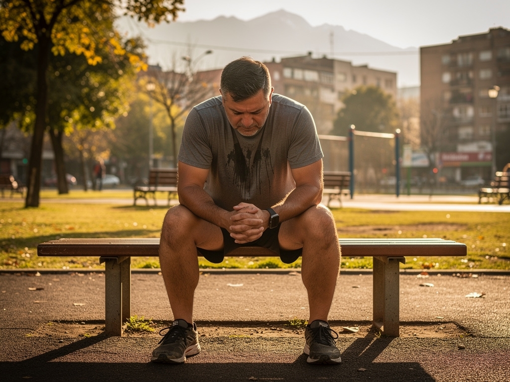 Hombre sobre cuarenta terminando ejercicio físico al aire libre